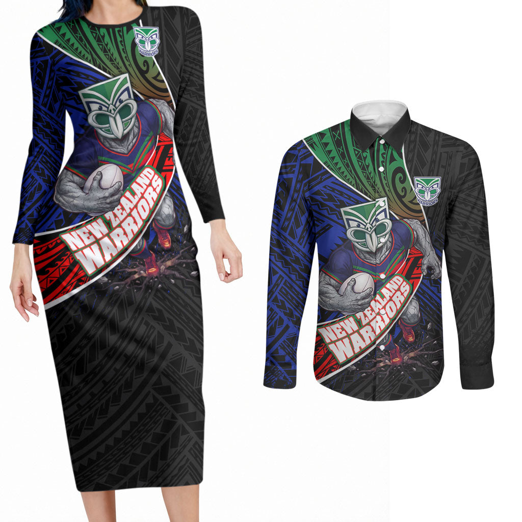 New Zealand Warriors Rugby Couples Matching Long Sleeve Bodycon Dress and Long Sleeve Button Shirt Tribal Polynesian Power Art - Lightning Mascot