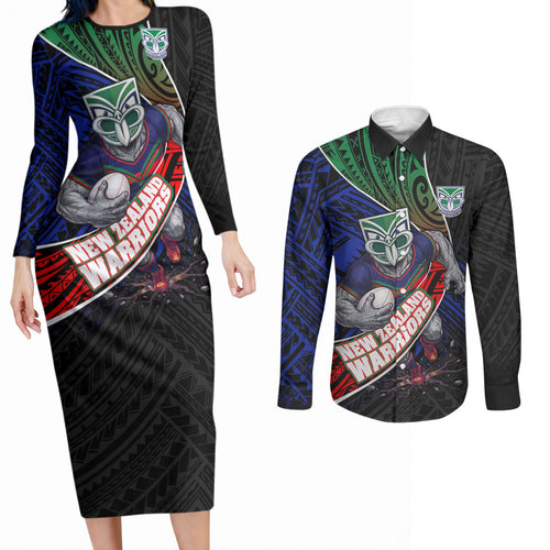 New Zealand Warriors Rugby Couples Matching Long Sleeve Bodycon Dress and Long Sleeve Button Shirt Tribal Polynesian Power Art - Lightning Mascot