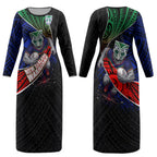 New Zealand Warriors Rugby Couples Matching Long Sleeve Bodycon Dress and Long Sleeve Button Shirt Tribal Polynesian Power Art - Lightning Mascot