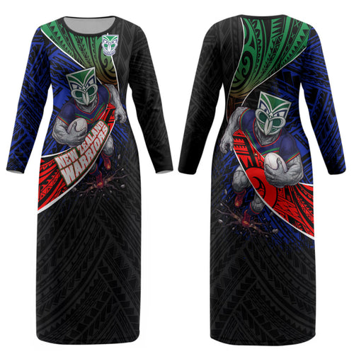 New Zealand Warriors Rugby Couples Matching Long Sleeve Bodycon Dress and Long Sleeve Button Shirt Tribal Polynesian Power Art - Lightning Mascot