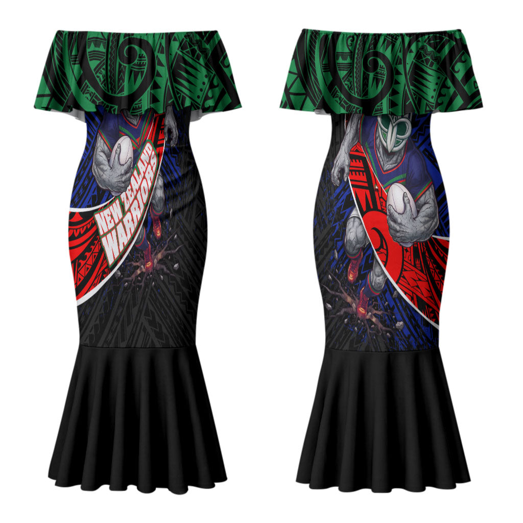 New Zealand Warriors Rugby Couples Matching Mermaid Dress and Hawaiian Shirt Tribal Polynesian Power Art - Lightning Mascot