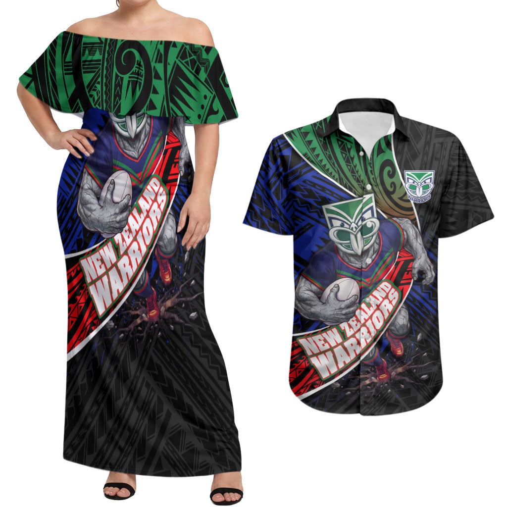 New Zealand Warriors Rugby Couples Matching Off Shoulder Maxi Dress and Hawaiian Shirt Tribal Polynesian Power Art - Lightning Mascot