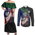 New Zealand Warriors Rugby Couples Matching Off Shoulder Maxi Dress and Long Sleeve Button Shirt Tribal Polynesian Power Art - Lightning Mascot