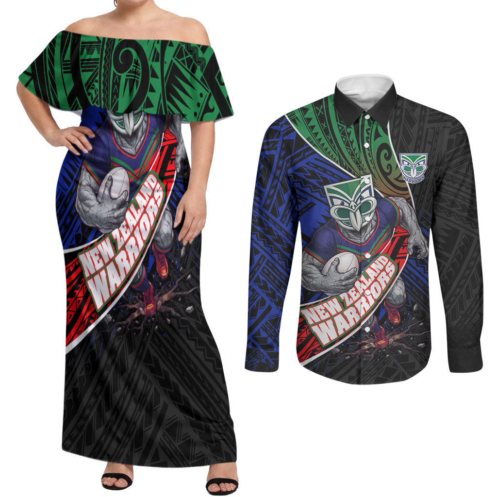New Zealand Warriors Rugby Couples Matching Off Shoulder Maxi Dress and Long Sleeve Button Shirt Tribal Polynesian Power Art - Lightning Mascot