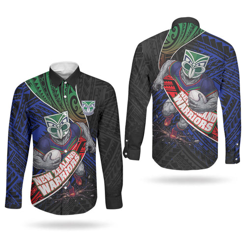 New Zealand Warriors Rugby Couples Matching Off Shoulder Maxi Dress and Long Sleeve Button Shirt Tribal Polynesian Power Art - Lightning Mascot