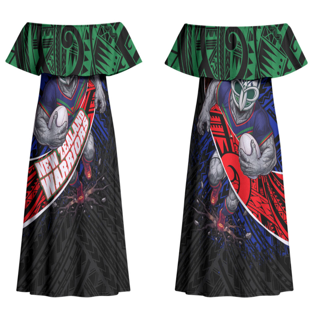 New Zealand Warriors Rugby Couples Matching Off Shoulder Maxi Dress and Long Sleeve Button Shirt Tribal Polynesian Power Art - Lightning Mascot