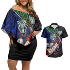 New Zealand Warriors Rugby Couples Matching Off Shoulder Short Dress and Hawaiian Shirt Tribal Polynesian Power Art - Lightning Mascot
