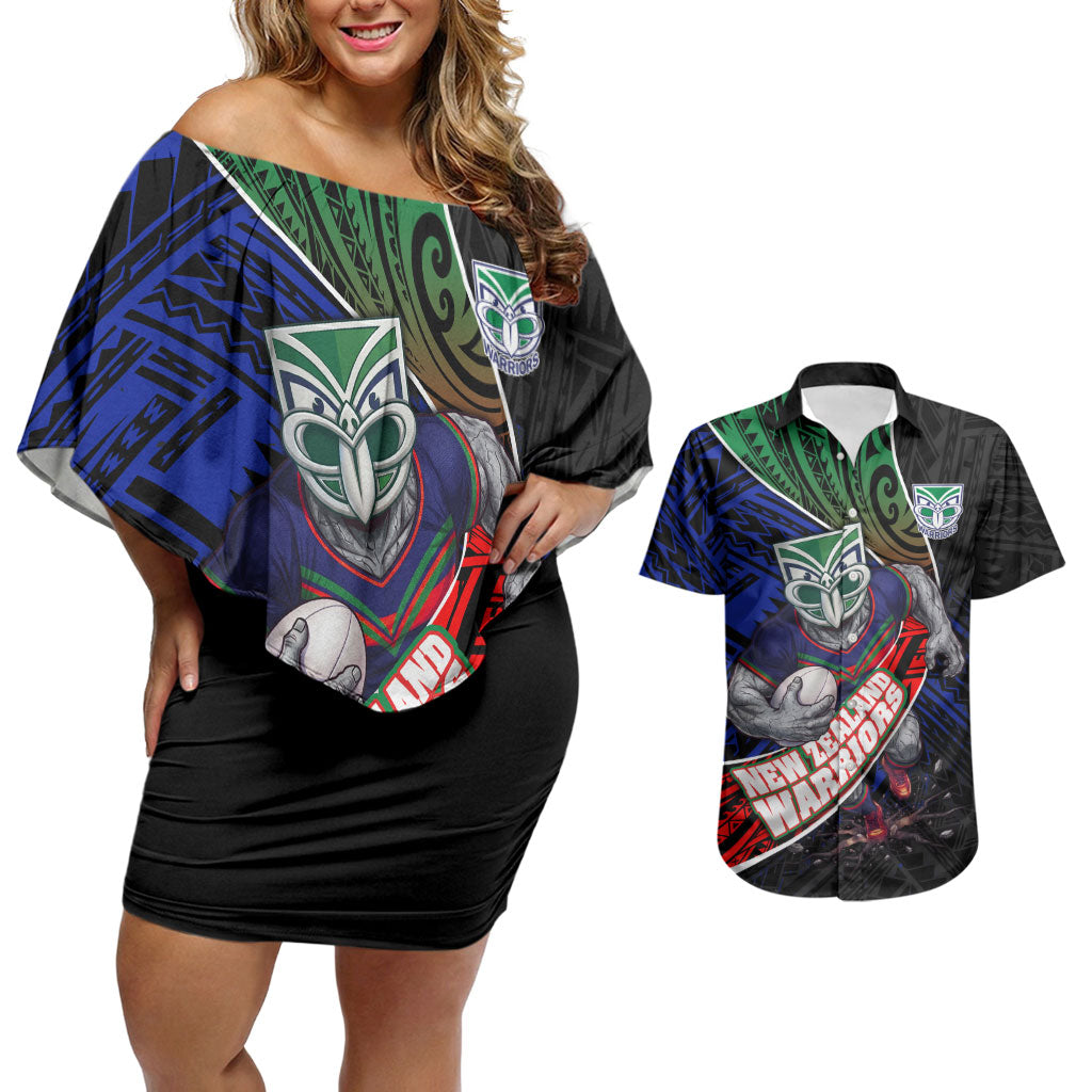 New Zealand Warriors Rugby Couples Matching Off Shoulder Short Dress and Hawaiian Shirt Tribal Polynesian Power Art - Lightning Mascot