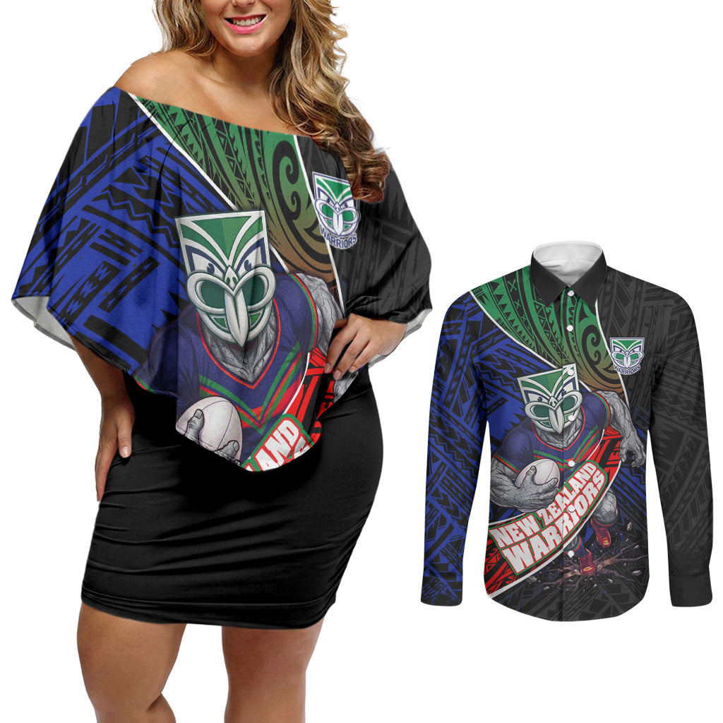 New Zealand Warriors Rugby Couples Matching Off Shoulder Short Dress and Long Sleeve Button Shirt Tribal Polynesian Power Art - Lightning Mascot