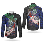 New Zealand Warriors Rugby Couples Matching Off Shoulder Short Dress and Long Sleeve Button Shirt Tribal Polynesian Power Art - Lightning Mascot