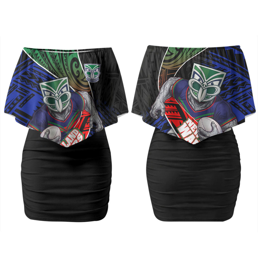 New Zealand Warriors Rugby Couples Matching Off Shoulder Short Dress and Long Sleeve Button Shirt Tribal Polynesian Power Art - Lightning Mascot