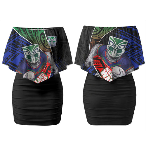New Zealand Warriors Rugby Couples Matching Off Shoulder Short Dress and Long Sleeve Button Shirt Tribal Polynesian Power Art - Lightning Mascot