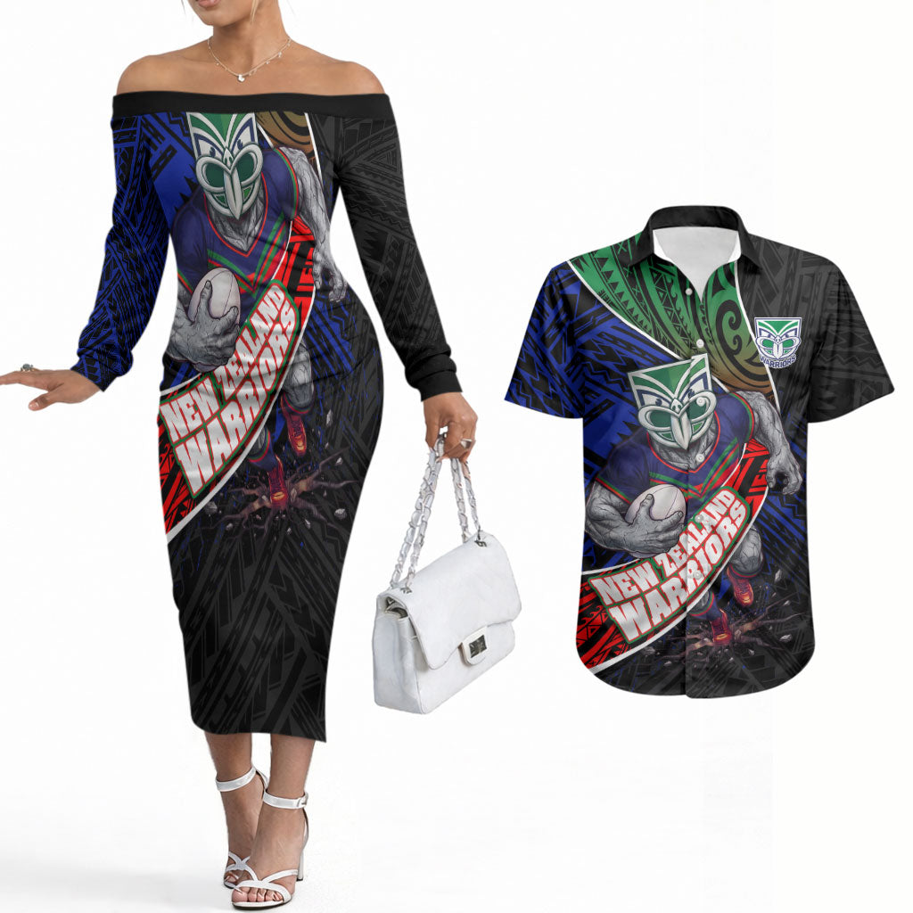 New Zealand Warriors Rugby Couples Matching Off The Shoulder Long Sleeve Dress and Hawaiian Shirt Tribal Polynesian Power Art - Lightning Mascot