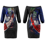 New Zealand Warriors Rugby Couples Matching Off The Shoulder Long Sleeve Dress and Hawaiian Shirt Tribal Polynesian Power Art - Lightning Mascot