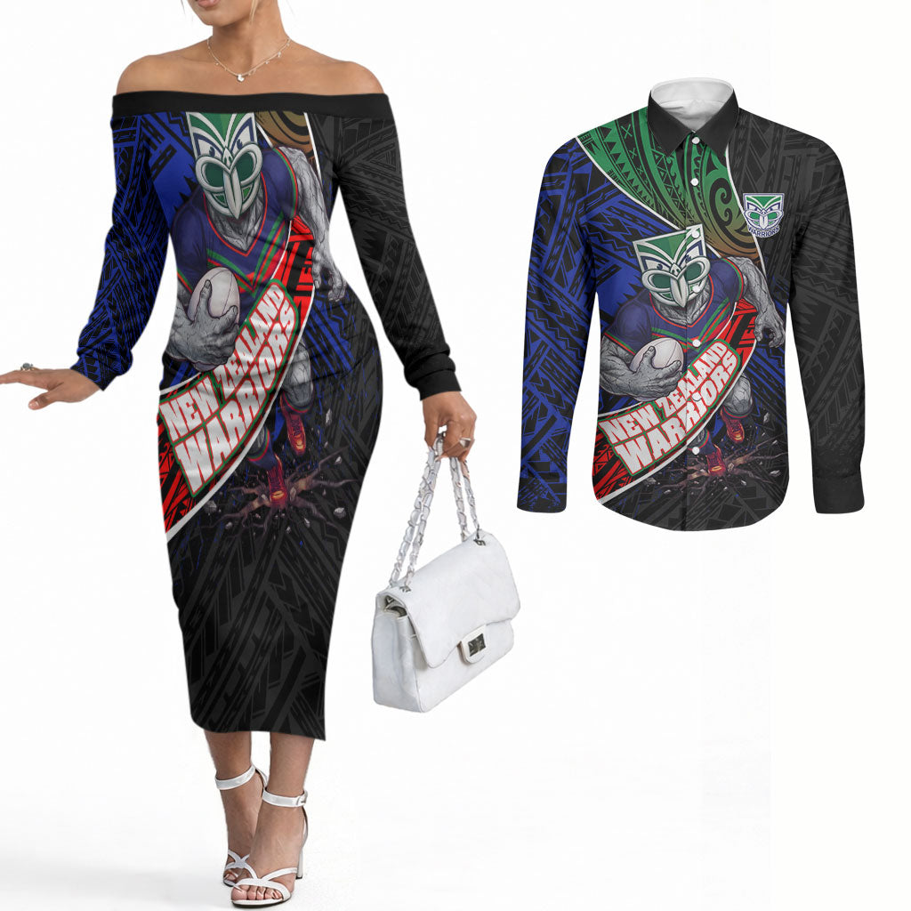 New Zealand Warriors Rugby Couples Matching Off The Shoulder Long Sleeve Dress and Long Sleeve Button Shirt Tribal Polynesian Power Art - Lightning Mascot
