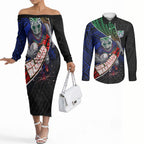 New Zealand Warriors Rugby Couples Matching Off The Shoulder Long Sleeve Dress and Long Sleeve Button Shirt Tribal Polynesian Power Art - Lightning Mascot