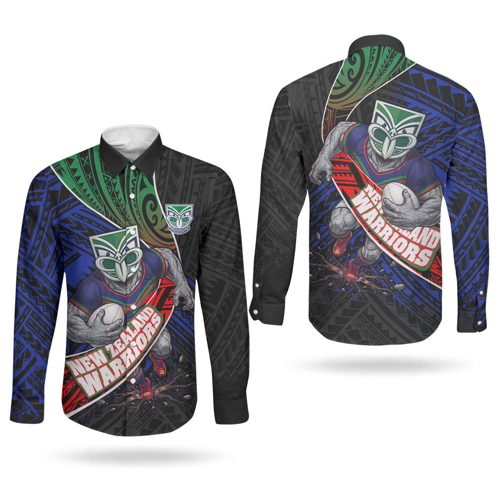 New Zealand Warriors Rugby Couples Matching Off The Shoulder Long Sleeve Dress and Long Sleeve Button Shirt Tribal Polynesian Power Art - Lightning Mascot