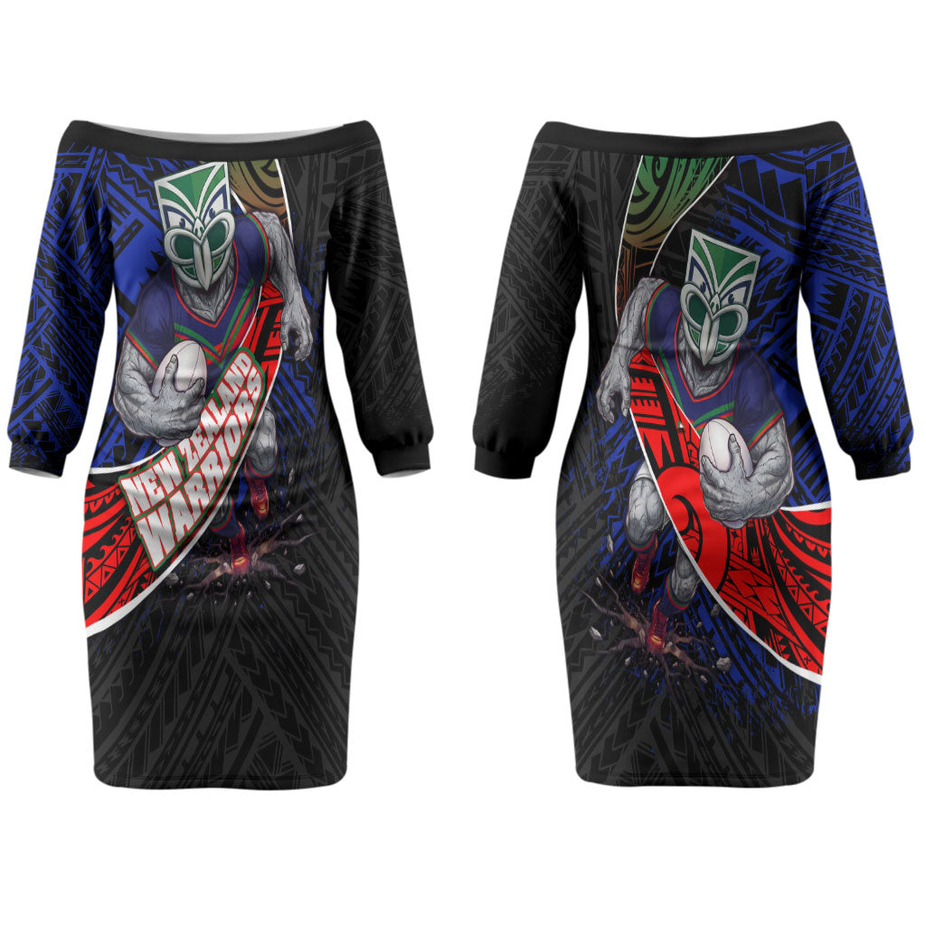 New Zealand Warriors Rugby Couples Matching Off The Shoulder Long Sleeve Dress and Long Sleeve Button Shirt Tribal Polynesian Power Art - Lightning Mascot