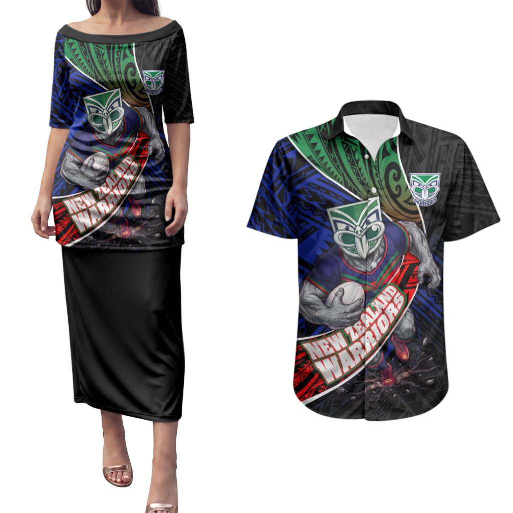 New Zealand Warriors Rugby Couples Matching Puletasi and Hawaiian Shirt Tribal Polynesian Power Art - Lightning Mascot