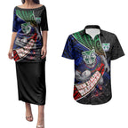 New Zealand Warriors Rugby Couples Matching Puletasi and Hawaiian Shirt Tribal Polynesian Power Art - Lightning Mascot