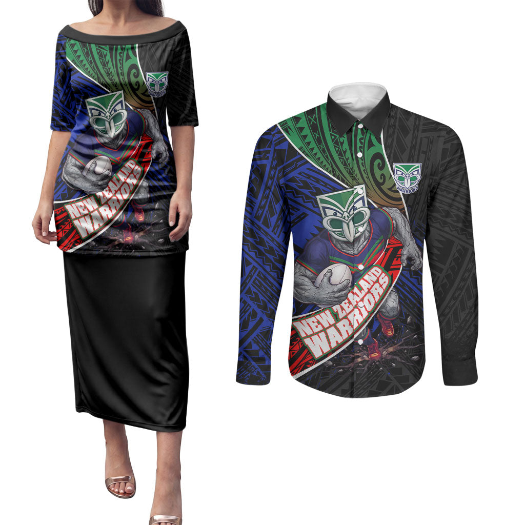 New Zealand Warriors Rugby Couples Matching Puletasi and Long Sleeve Button Shirt Tribal Polynesian Power Art - Lightning Mascot