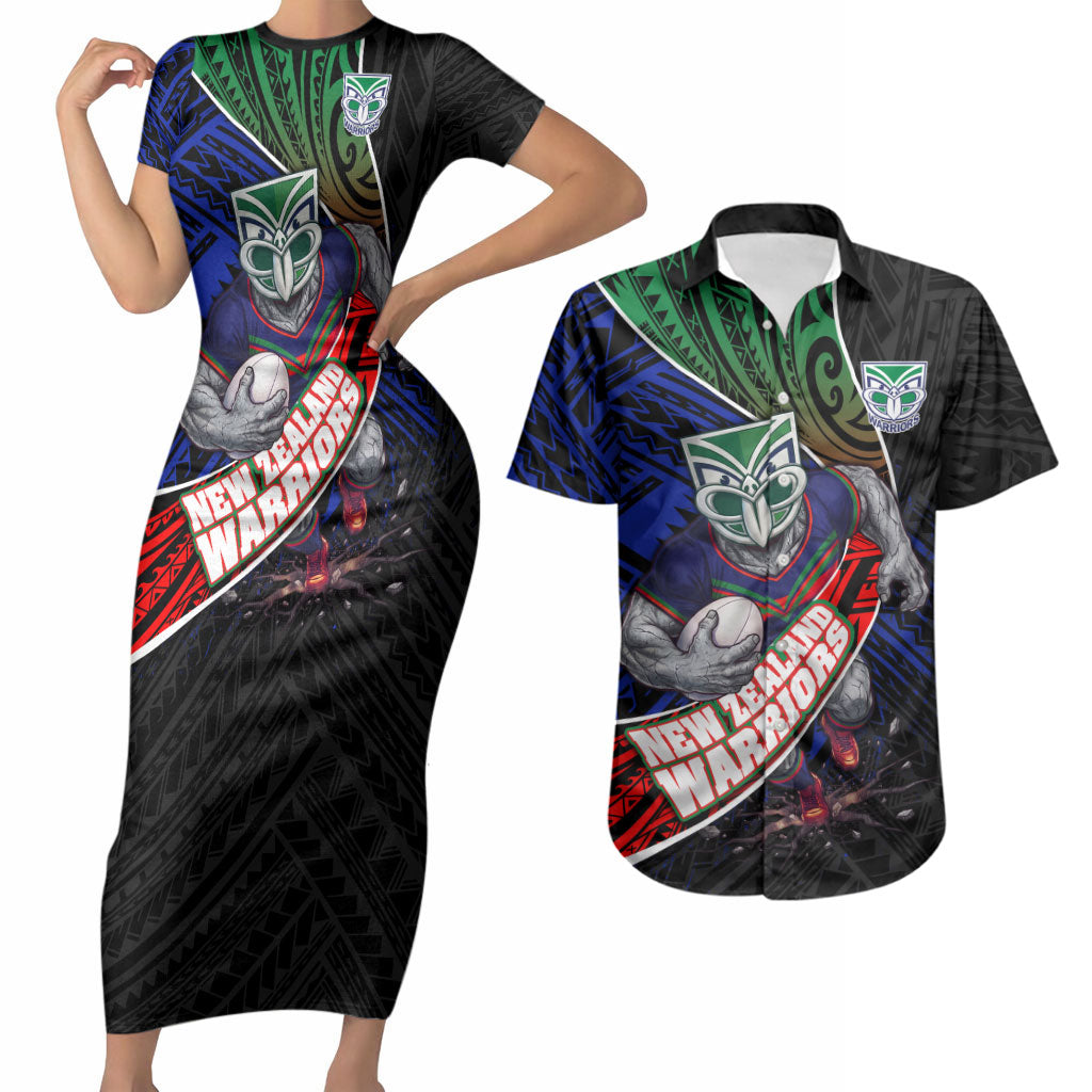 New Zealand Warriors Rugby Couples Matching Short Sleeve Bodycon Dress and Hawaiian Shirt Tribal Polynesian Power Art - Lightning Mascot