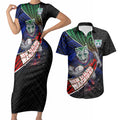New Zealand Warriors Rugby Couples Matching Short Sleeve Bodycon Dress and Hawaiian Shirt Tribal Polynesian Power Art - Lightning Mascot