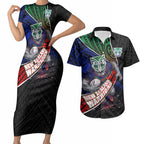 New Zealand Warriors Rugby Couples Matching Short Sleeve Bodycon Dress and Hawaiian Shirt Tribal Polynesian Power Art - Lightning Mascot