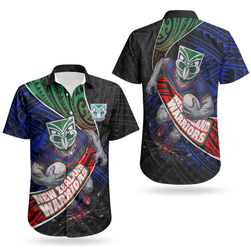 New Zealand Warriors Rugby Couples Matching Short Sleeve Bodycon Dress and Hawaiian Shirt Tribal Polynesian Power Art - Lightning Mascot