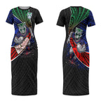 New Zealand Warriors Rugby Couples Matching Short Sleeve Bodycon Dress and Hawaiian Shirt Tribal Polynesian Power Art - Lightning Mascot