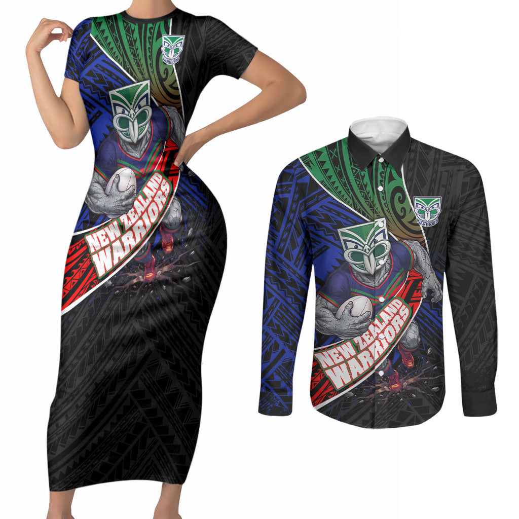 New Zealand Warriors Rugby Couples Matching Short Sleeve Bodycon Dress and Long Sleeve Button Shirt Tribal Polynesian Power Art - Lightning Mascot