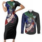 New Zealand Warriors Rugby Couples Matching Short Sleeve Bodycon Dress and Long Sleeve Button Shirt Tribal Polynesian Power Art - Lightning Mascot