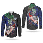 New Zealand Warriors Rugby Couples Matching Short Sleeve Bodycon Dress and Long Sleeve Button Shirt Tribal Polynesian Power Art - Lightning Mascot