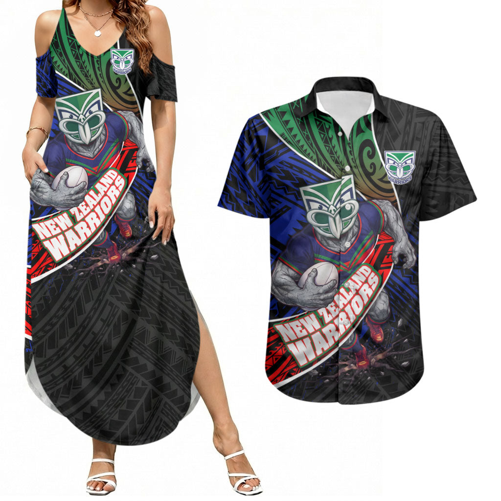 New Zealand Warriors Rugby Couples Matching Summer Maxi Dress and Hawaiian Shirt Tribal Polynesian Power Art - Lightning Mascot