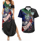 New Zealand Warriors Rugby Couples Matching Summer Maxi Dress and Hawaiian Shirt Tribal Polynesian Power Art - Lightning Mascot