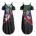 New Zealand Warriors Rugby Couples Matching Summer Maxi Dress and Hawaiian Shirt Tribal Polynesian Power Art - Lightning Mascot
