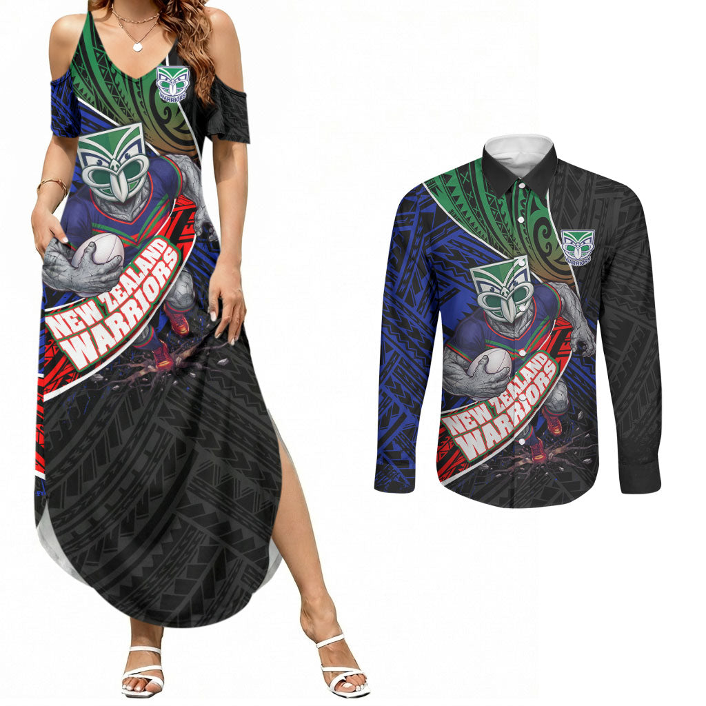 New Zealand Warriors Rugby Couples Matching Summer Maxi Dress and Long Sleeve Button Shirt Tribal Polynesian Power Art - Lightning Mascot