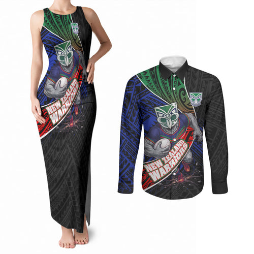 New Zealand Warriors Rugby Couples Matching Tank Maxi Dress and Long Sleeve Button Shirt Tribal Polynesian Power Art - Lightning Mascot