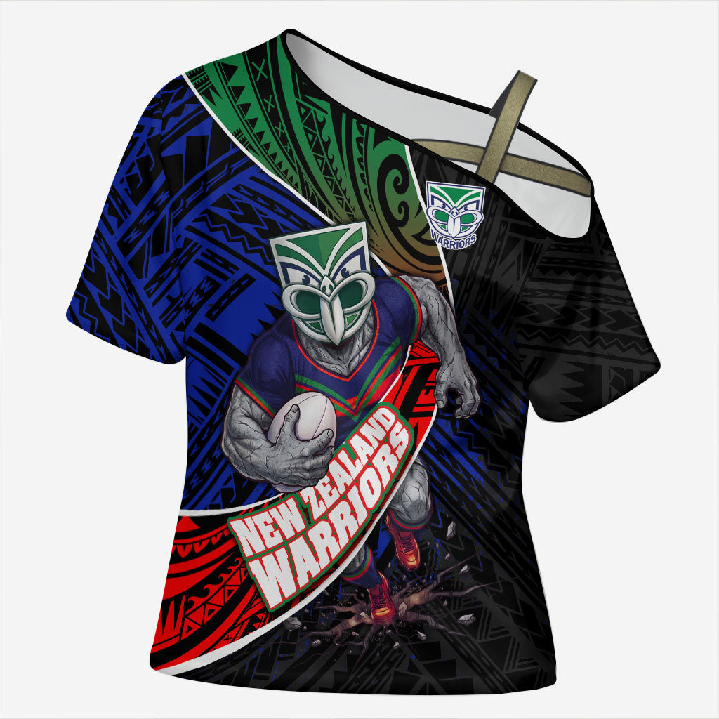 New Zealand Warriors Rugby Cross Shoulder Shirt Tribal Polynesian Power Art - Lightning Mascot