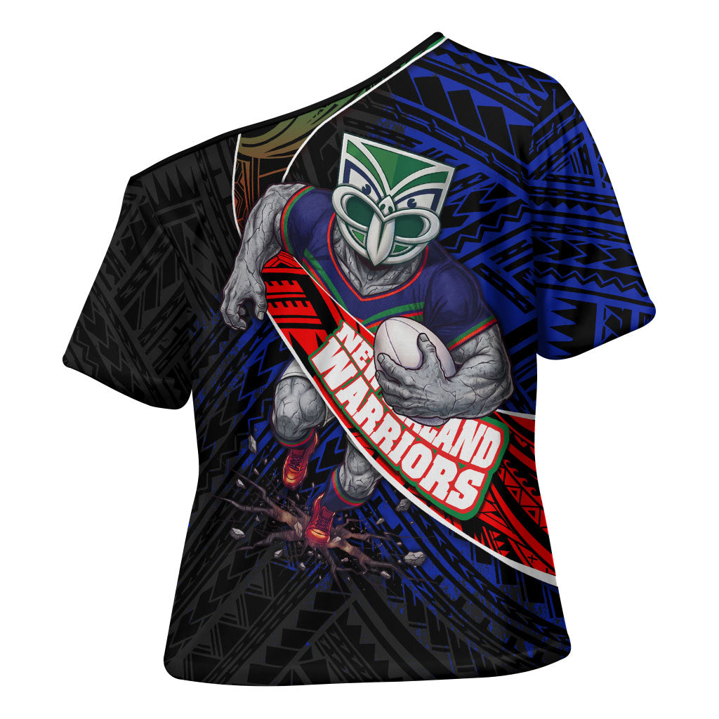 New Zealand Warriors Rugby Cross Shoulder Shirt Tribal Polynesian Power Art - Lightning Mascot
