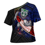 New Zealand Warriors Rugby Cross Shoulder Shirt Tribal Polynesian Power Art - Lightning Mascot