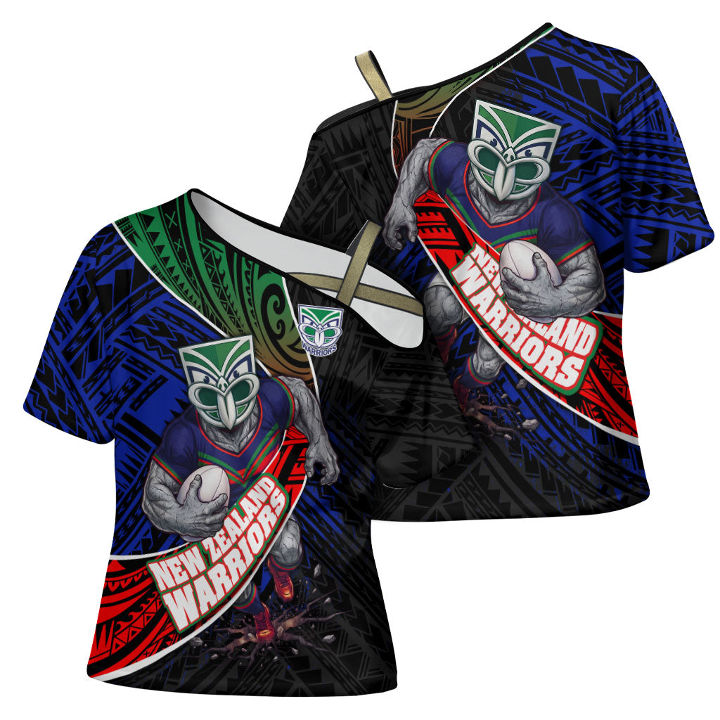 New Zealand Warriors Rugby Cross Shoulder Shirt Tribal Polynesian Power Art - Lightning Mascot