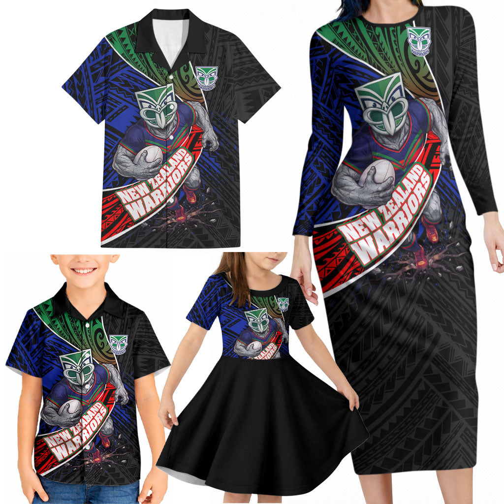 New Zealand Warriors Rugby Family Matching Long Sleeve Bodycon Dress and Hawaiian Shirt Tribal Polynesian Power Art - Lightning Mascot