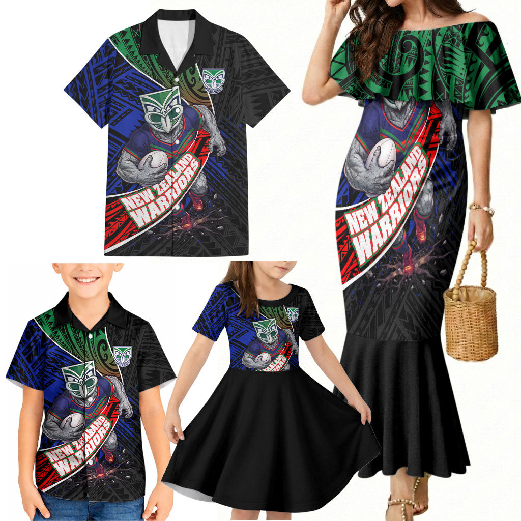 New Zealand Warriors Rugby Family Matching Mermaid Dress and Hawaiian Shirt Tribal Polynesian Power Art - Lightning Mascot