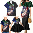 New Zealand Warriors Rugby Family Matching Mermaid Dress and Hawaiian Shirt Tribal Polynesian Power Art - Lightning Mascot