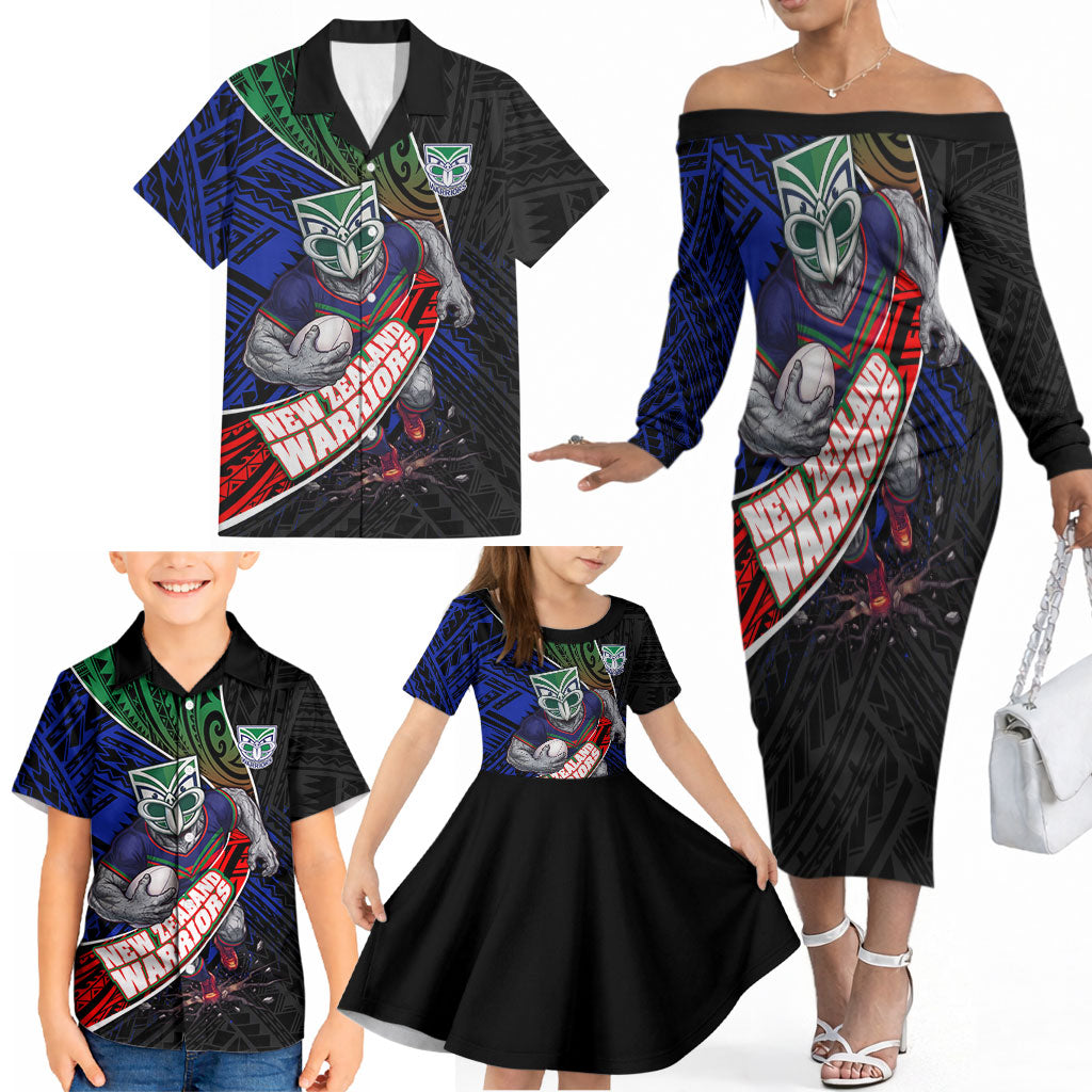 New Zealand Warriors Rugby Family Matching Off The Shoulder Long Sleeve Dress and Hawaiian Shirt Tribal Polynesian Power Art - Lightning Mascot