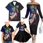 New Zealand Warriors Rugby Family Matching Off The Shoulder Long Sleeve Dress and Hawaiian Shirt Tribal Polynesian Power Art - Lightning Mascot