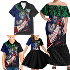 New Zealand Warriors Rugby Family Matching Off Shoulder Maxi Dress and Hawaiian Shirt Tribal Polynesian Power Art - Lightning Mascot