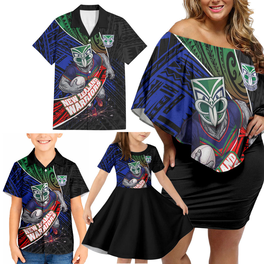New Zealand Warriors Rugby Family Matching Off Shoulder Short Dress and Hawaiian Shirt Tribal Polynesian Power Art - Lightning Mascot