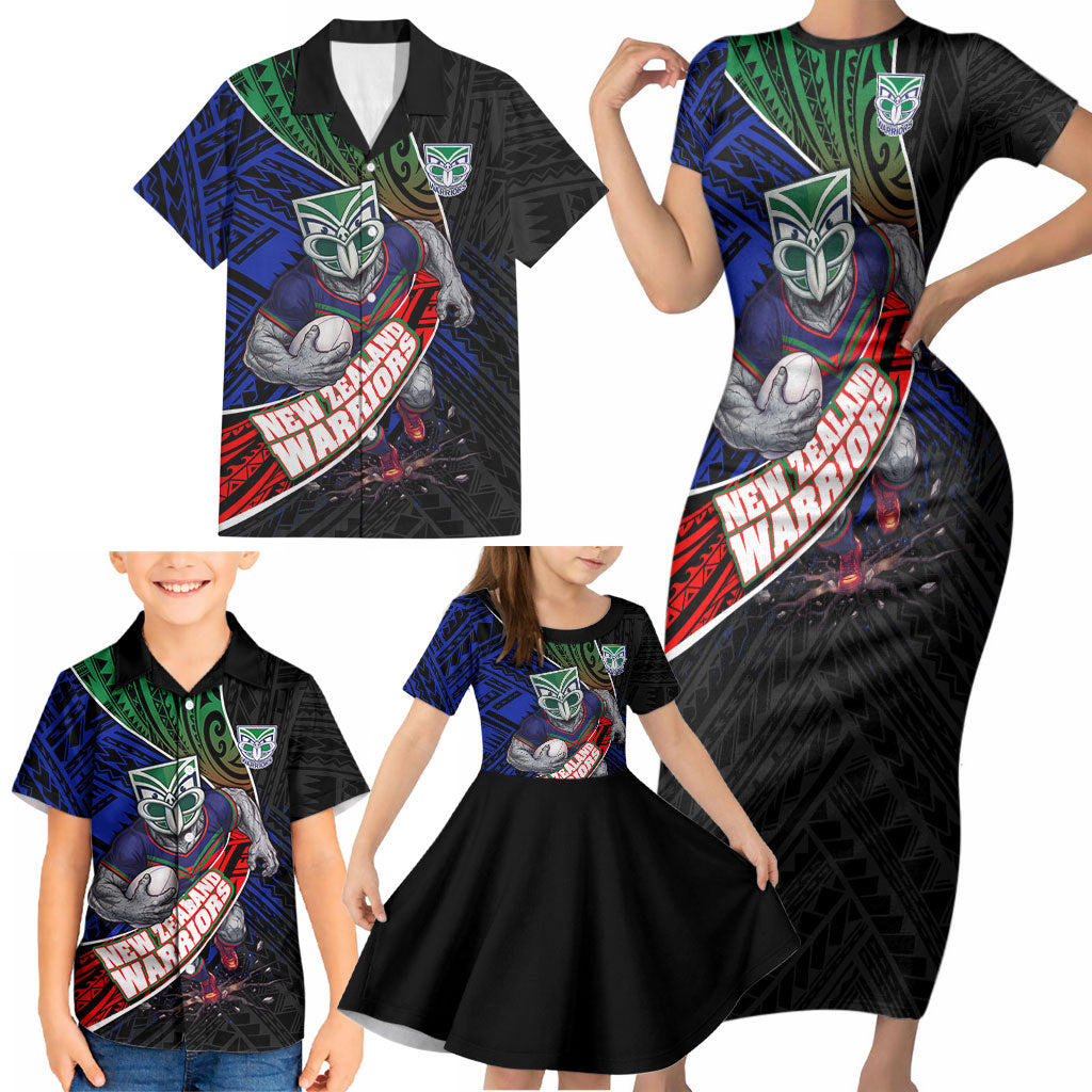 New Zealand Warriors Rugby Family Matching Short Sleeve Bodycon Dress and Hawaiian Shirt Tribal Polynesian Power Art - Lightning Mascot